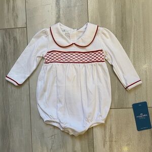 NWT Magnolia Baby Red and White Smocked Long Sleeve Bubble Romper, girls 9M